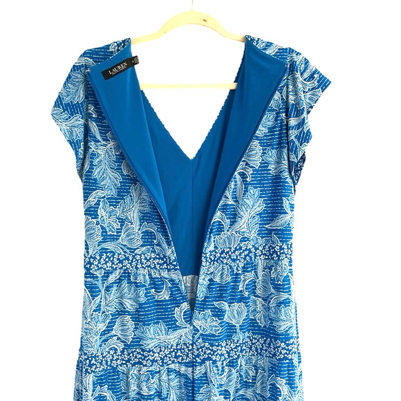 Lauren Ralph Lauren Jersey Knit Floral Flutter Cap V-Neck Tiered Midi Dress 8 - Picture 8 of 11